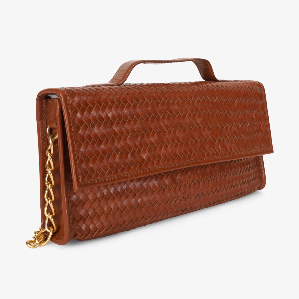 Mustik Sara Woven Leather Clutch – Handwoven Gold Chain Evening Bag