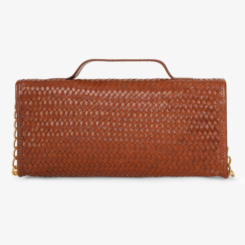 Mustik Sara Woven Leather Clutch – Handwoven Gold Chain Evening Bag