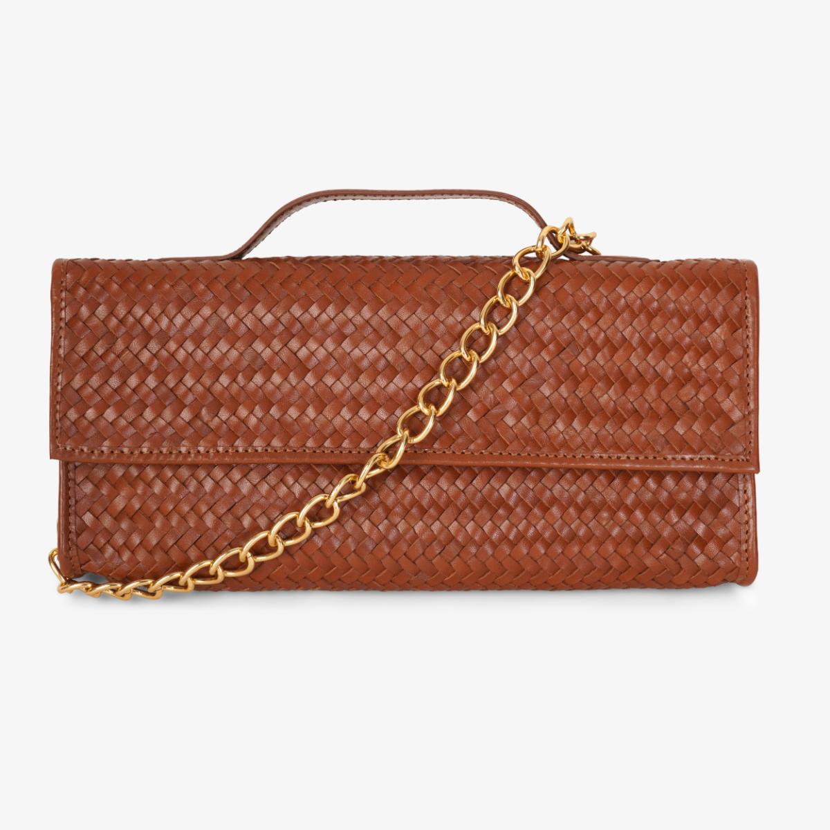 Mustik Sara Woven Leather Clutch – Handwoven Gold Chain Evening Bag