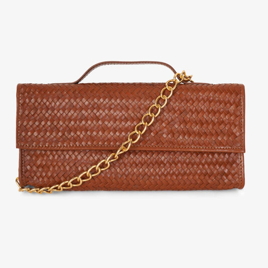 Mustik Sara Woven Leather Clutch – Handwoven Gold Chain Evening Bag