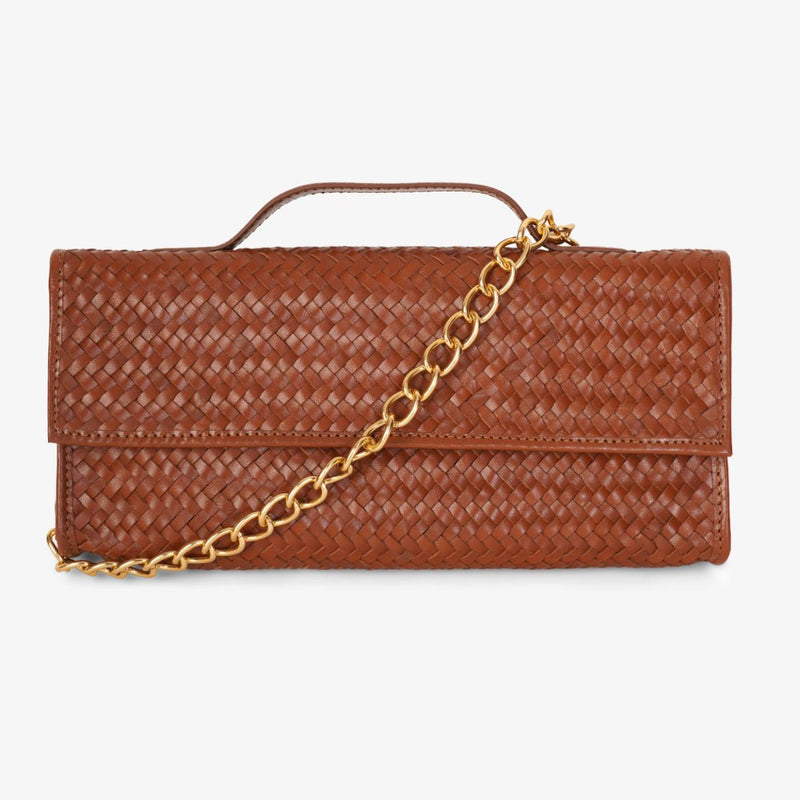 Mustik Sara Woven Leather Clutch – Handwoven Gold Chain Evening Bag