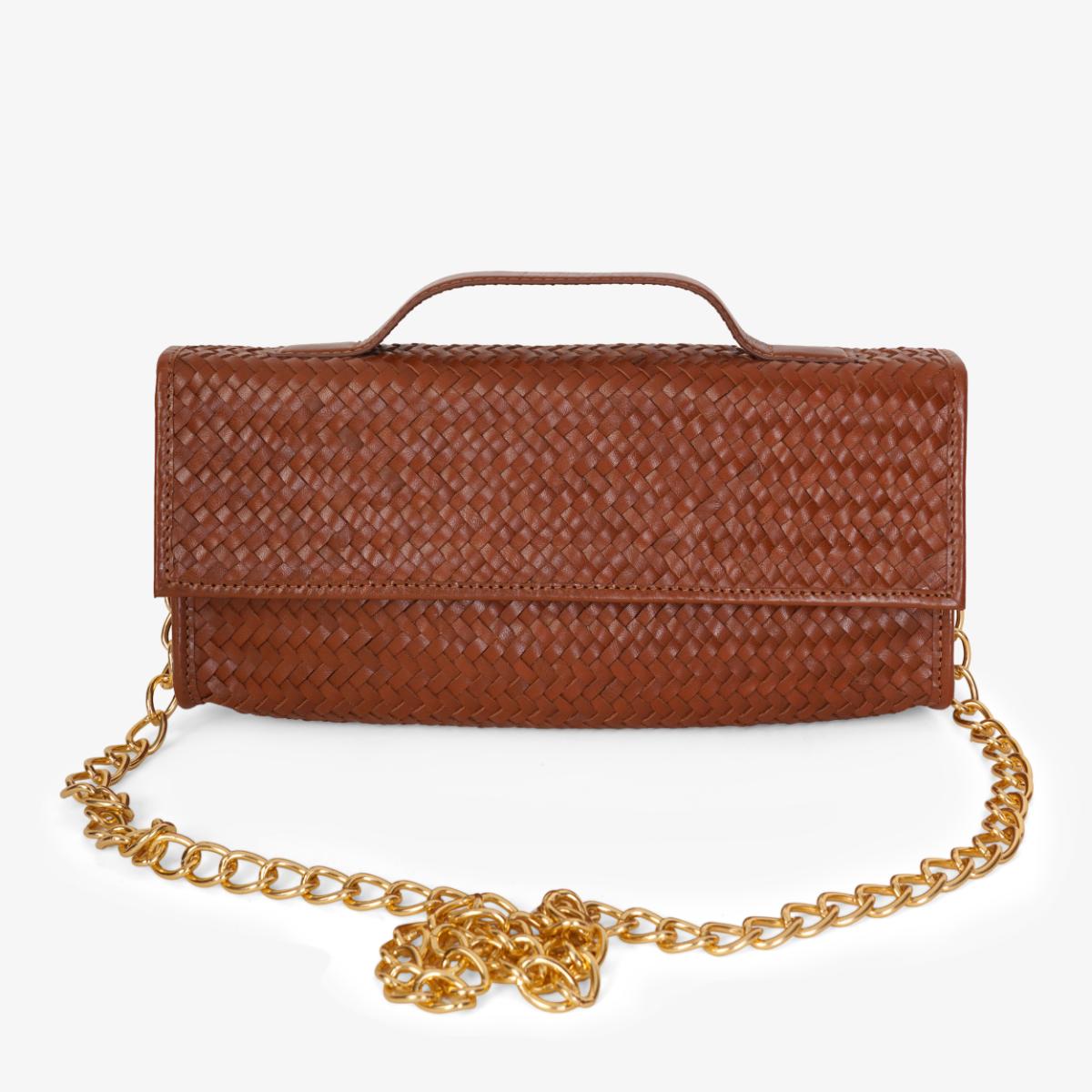 Mustik Sara Woven Leather Clutch – Handwoven Gold Chain Evening Bag